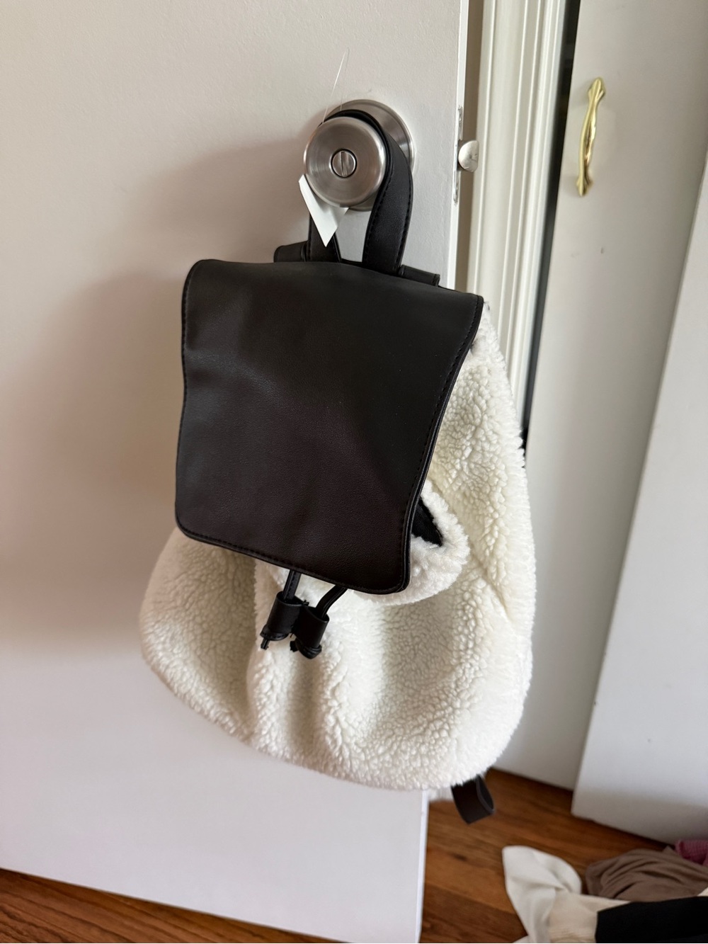 Women's Cream Sherpa Backpack with Black Flap